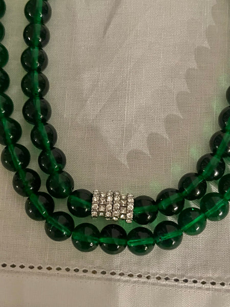 Green Glass Necklace with Rhinestone Clasp