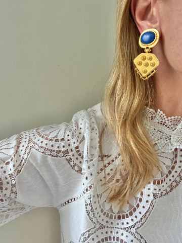 Matte Gold & Lapis Cabochon Clip On Earrings