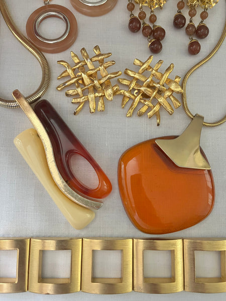Modernist Cream & Amber Pendant Necklace