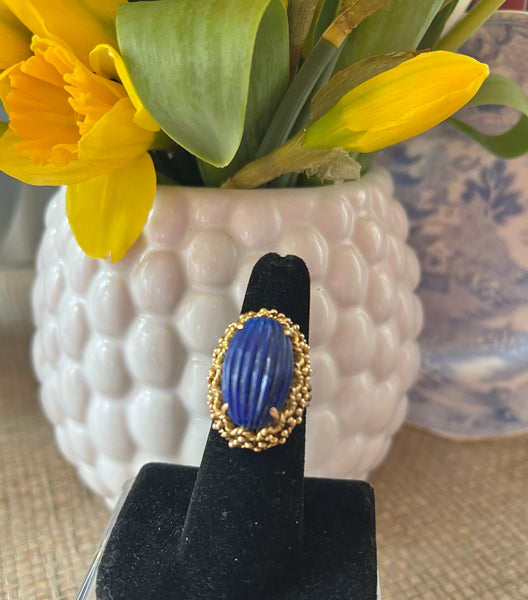 1970s 14K Gold & Carved Lapis Ring Size 6
