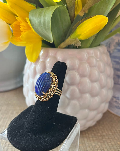 1970s 14K Gold & Carved Lapis Ring Size 6