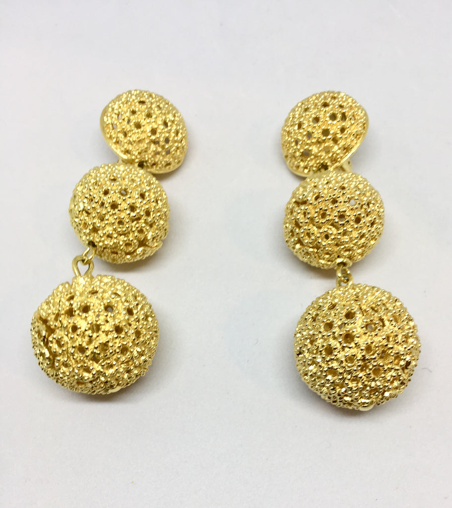 Christian Dior Three Ball Gold Plate Dangle Clip On Earrings